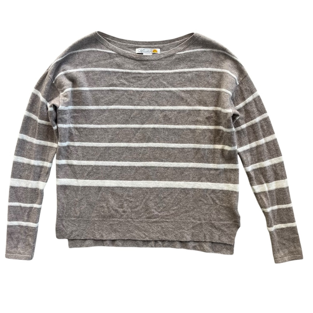 C&C California Womens Sz Small Taupe Cream Stripe Merino Wool Blend Knit Sweater
